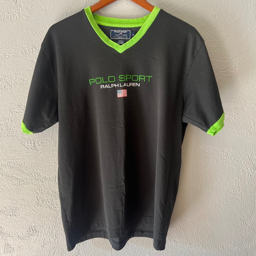 Polo Sport Ralph Lauren V-Neck T-Shirt Black Lime Green Logo Mens XL Vintage